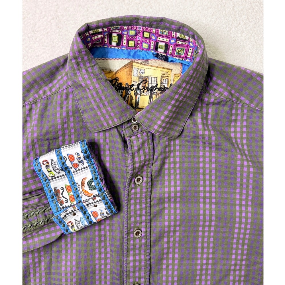 Robert Graham Mens Button Up Shirt Check Contrast Trim Flip Cuff Mustaches XL